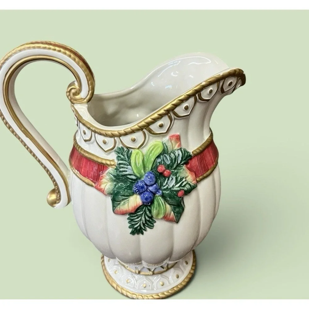 Fitz & Floyd Classics Christmas Deer Bow Bells Serving Pitcher Vase Bells Ribbon
